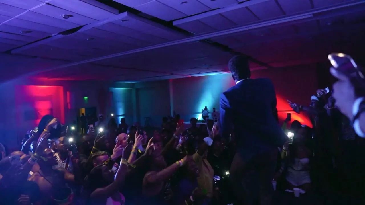 Crowd with raised phones facing performer under red and blue lights