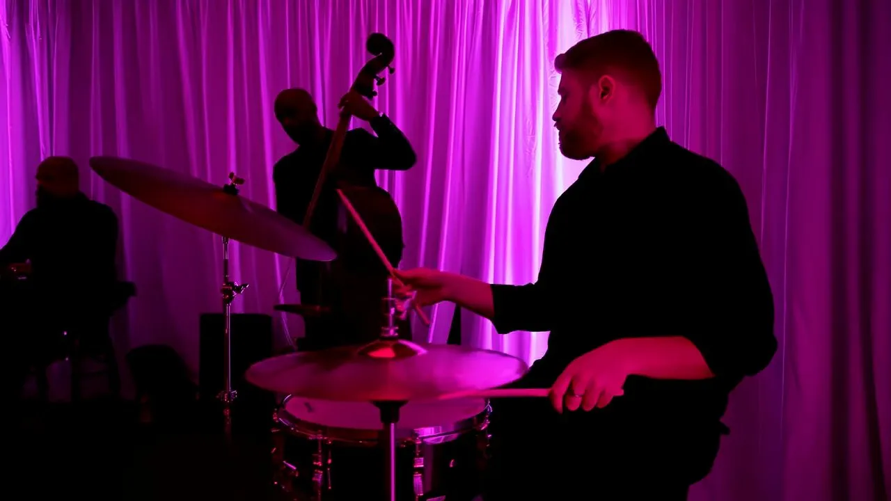 Drummer and bassist performing live on a purple-lit stage