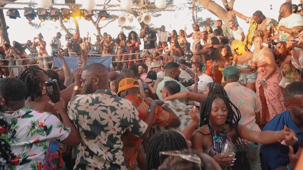 Dense crowd of people dancing at an outdoor daytime party