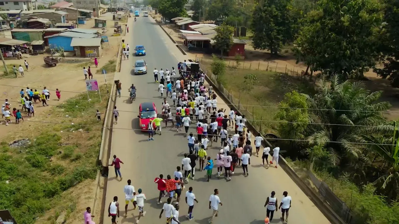 Aerial view of large crowd walking along road past buildings and trees